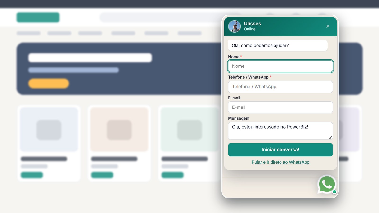 Widget de WhatsApp do PowerBiz sobre uma loja virtual, com formulário de nome, telefone, e-mail e mensagem