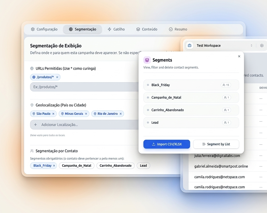 Screenshot do painel de segmentação e publicação
